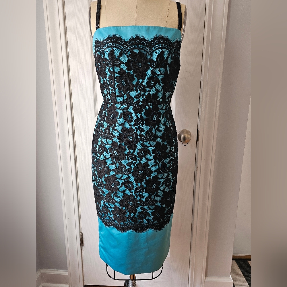 127. Vintage D&G Teal Satin Dress with Chantilly Lace Overlay Size Small